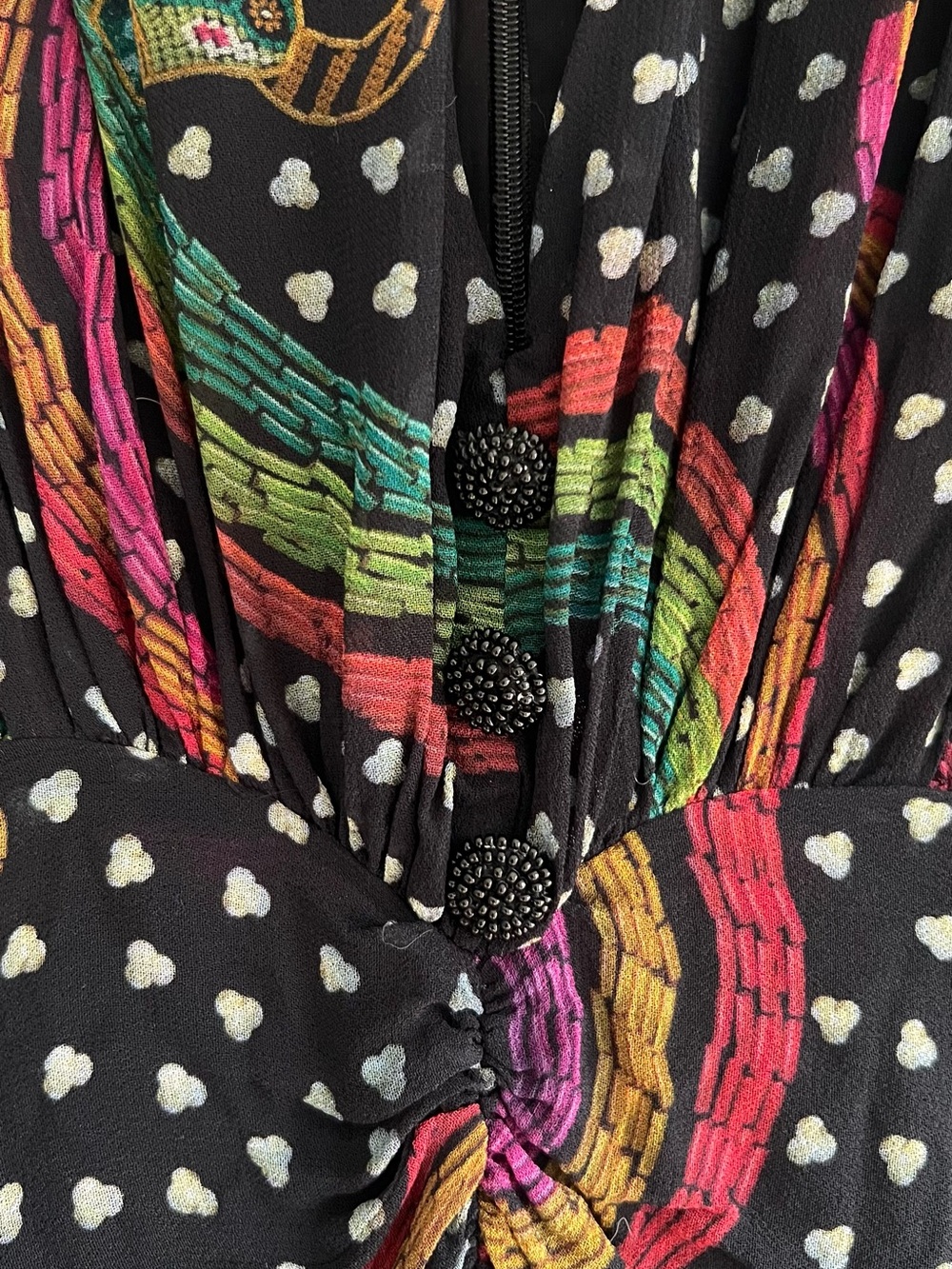 FARM Rio Black Mini Dress with Multicolor Stripes and White Heart Dots